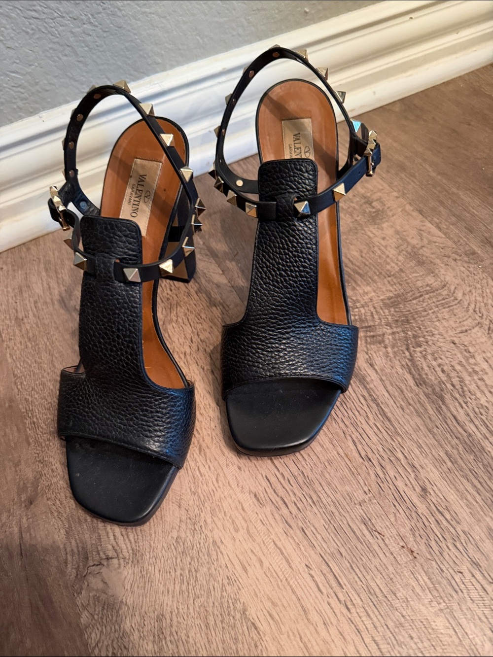 Valentino Black Leather Studded T-Strap Heels